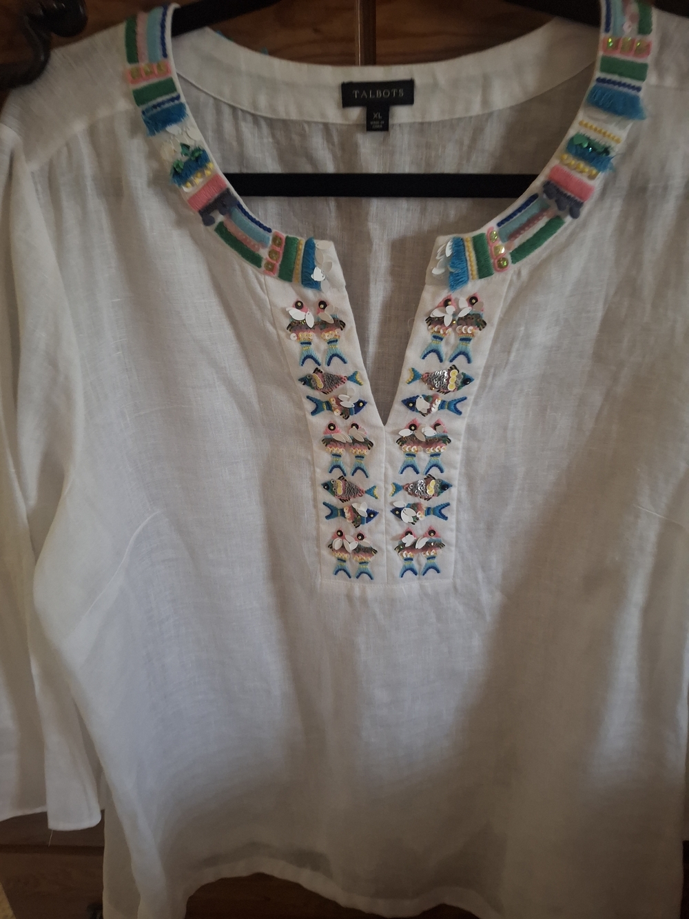 Talbots White Linen Tunic with Multicolor Embroidery